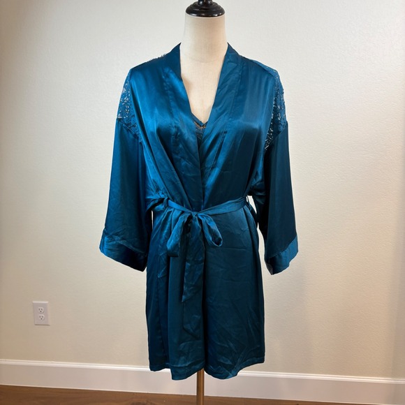 Victoria's Secret Other - Victoria's Secret Slip Robe Set S Teal Blue Satin Lace Trim Romanitc Nightie